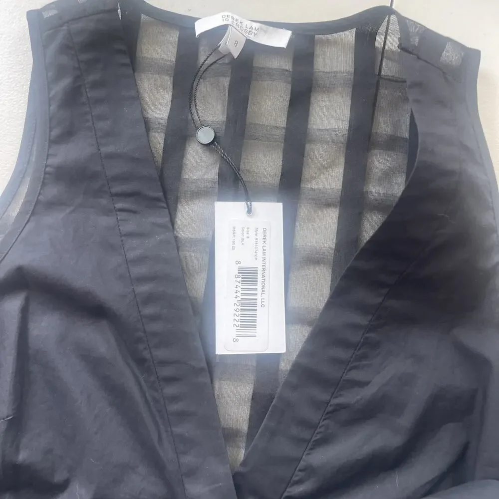 DEREK LAM Black Sheer Back Crop Top Sz 8 S/M Silk Cotton Belted City Fancy NEW